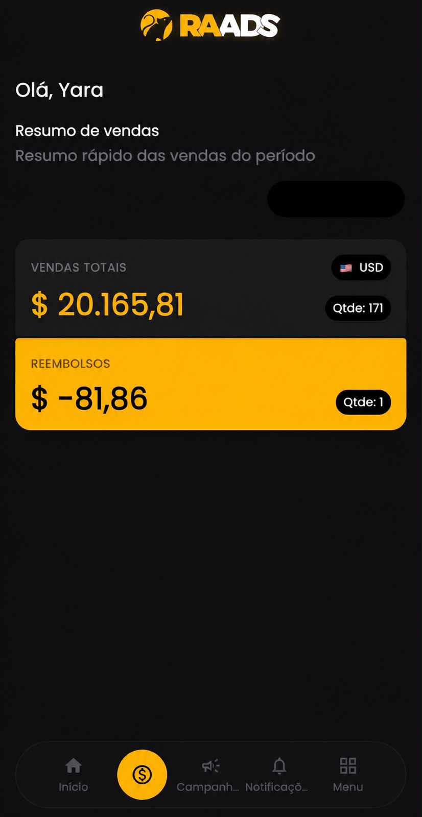 Painel de vendas em dólar