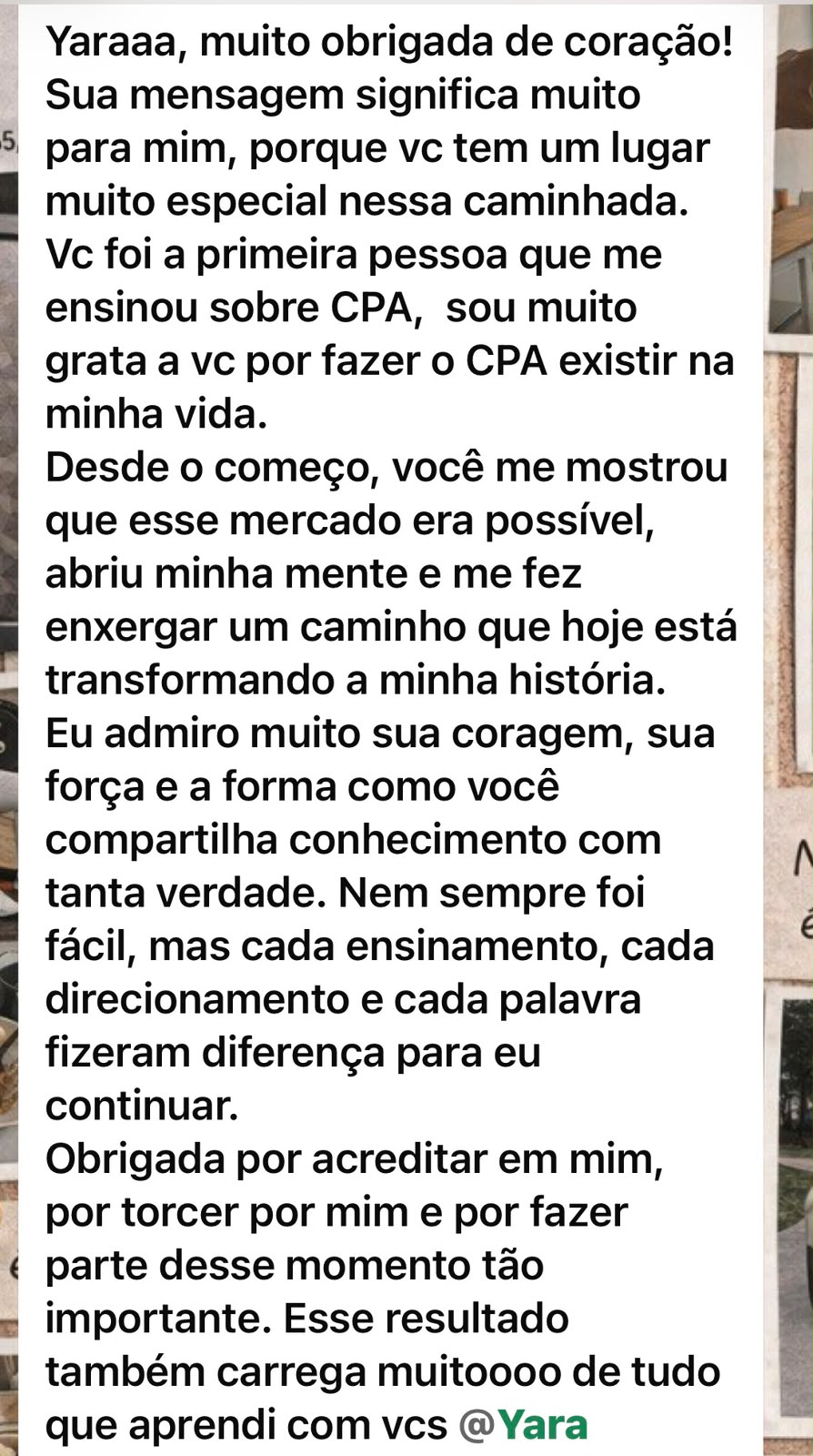 Depoimento de aluna agradecendo os ensinamentos